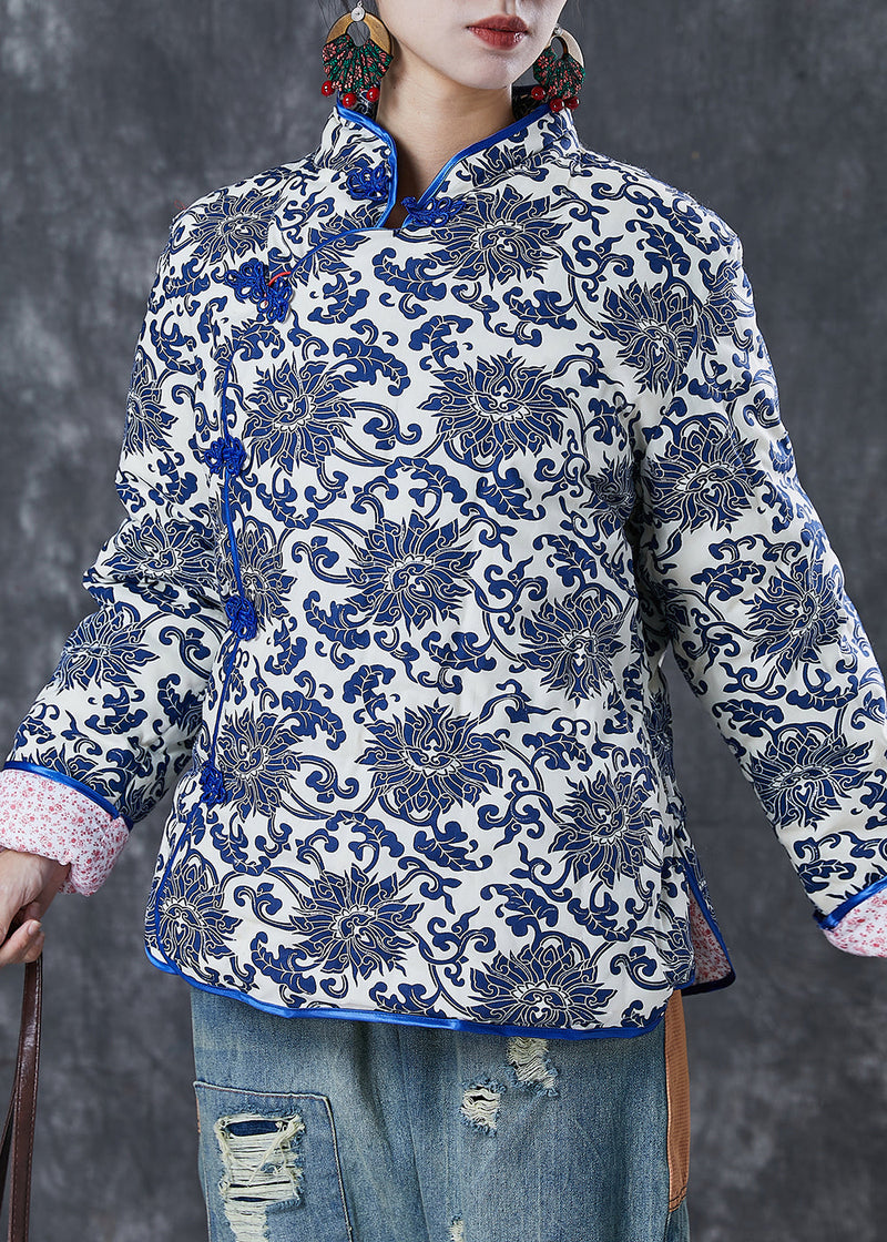 Blue Print Mandarin Collar Fine Cotton Filled Jacket Winter