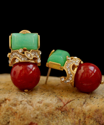 Colorblock Sterling Silver Overgild Zircon Jade Agate Stud Earrings