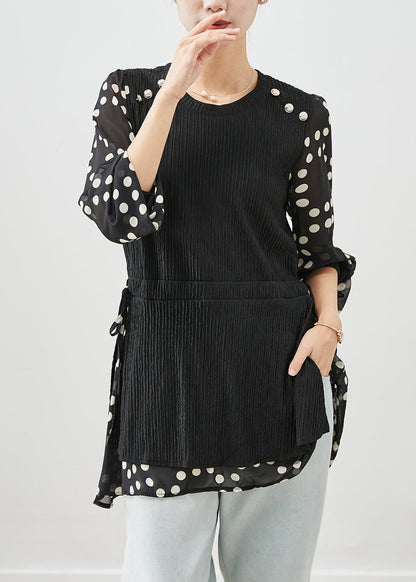 Black Cinched Patchwork Fake Two Piece Shirt Top Fall