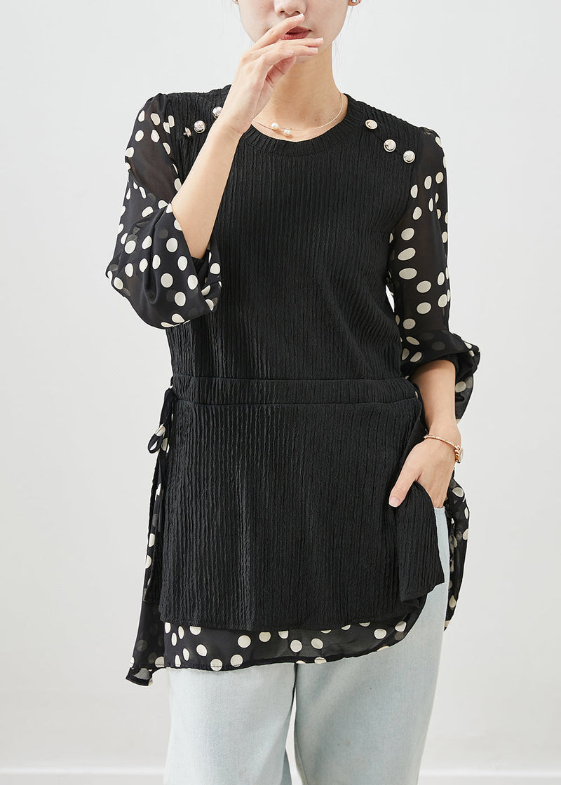 Black Cinched Patchwork Fake Two Piece Shirt Top Fall