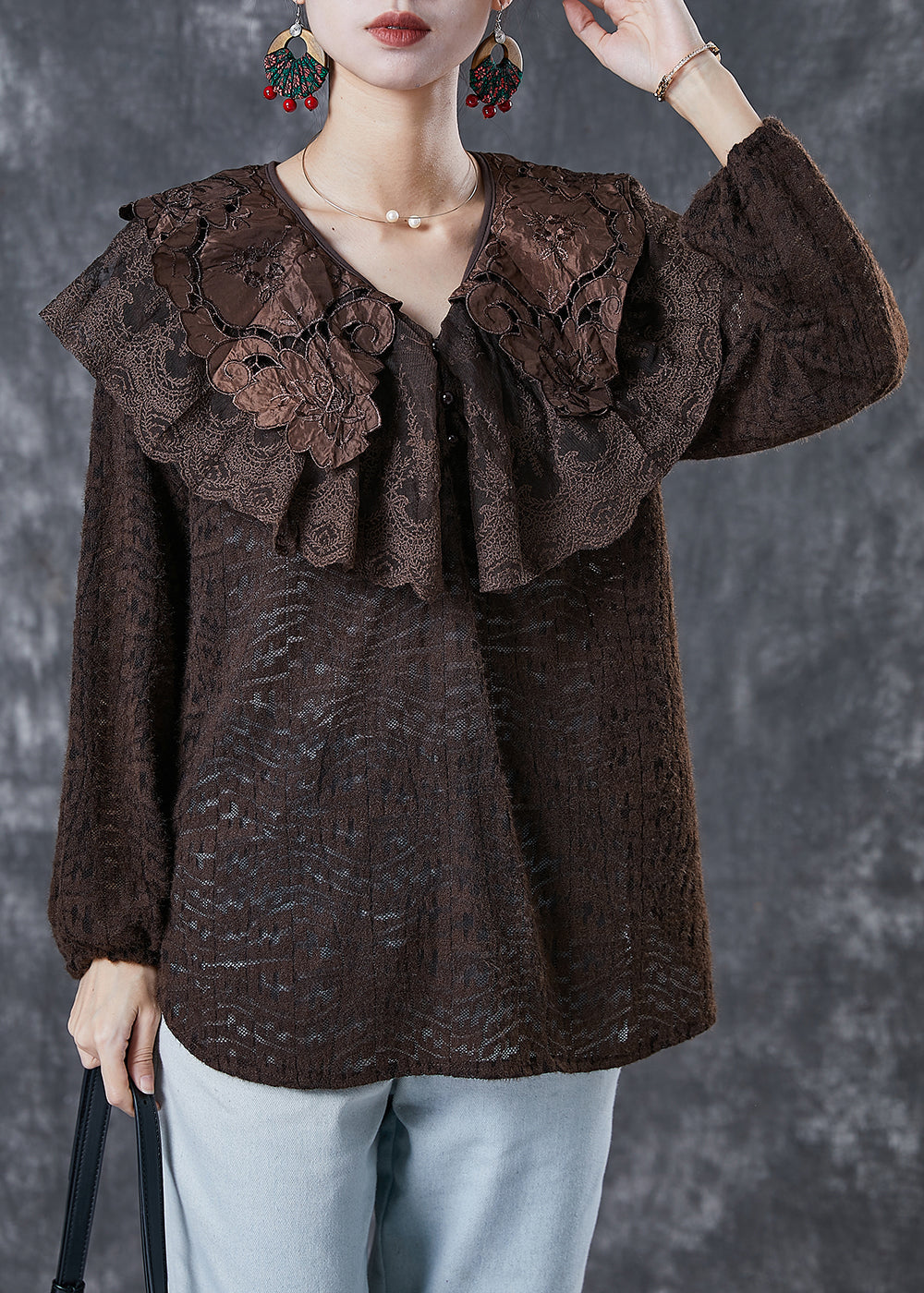 Chocolate Peter Pan Collar Hollow Out Lace Shirts Spring