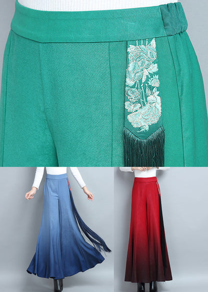 Red Embroidered High Waist Cotton Wide Leg Pants