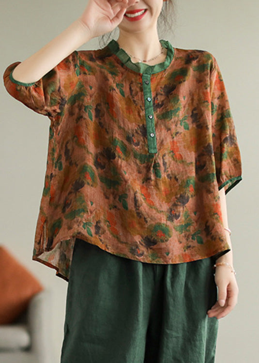 Red Ruffled Print Button Low High Design Ramie Shirt Summer
