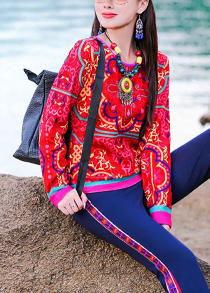 Vogue Red O-neck Print Top Long Sleeve