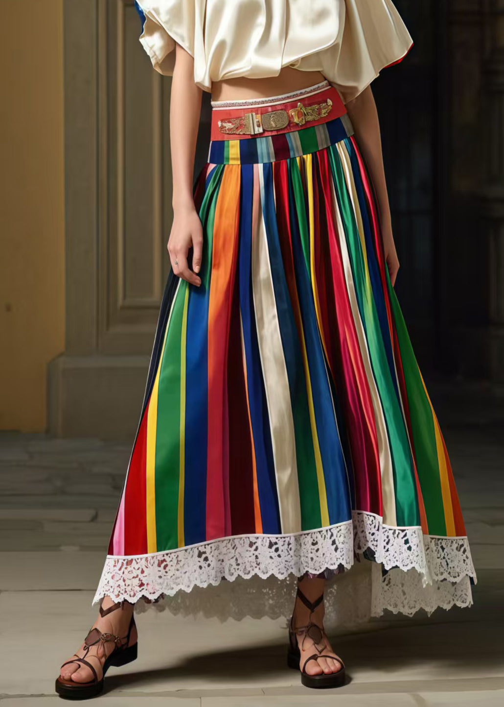 Multicolour Striped High Waist Patchwork Lace Skirts Summer