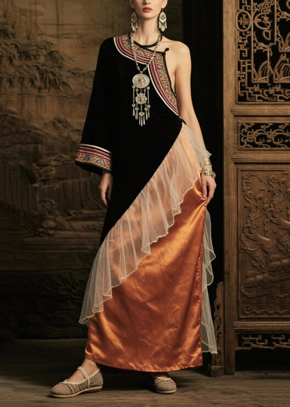 Style Black Asymmetrical Patchwork Silk One Shoulder Dress Summer