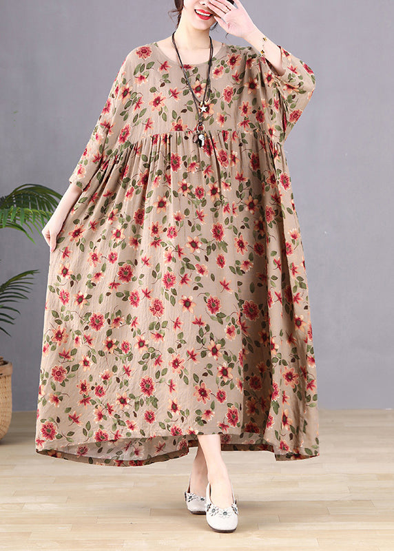 Coffee Print Wrinkled Long Holiday Dresses Spring