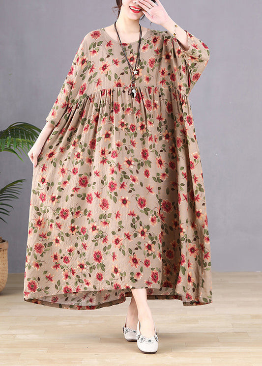 Coffee Print Wrinkled Long Holiday Dresses Spring