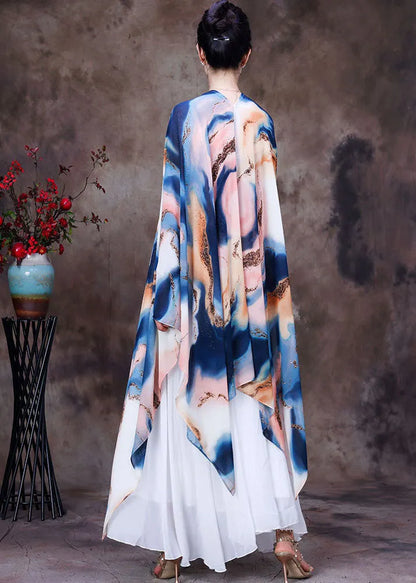 White Asymmetrical Design Tie Dye Chiffon Upf 50+ Top Batwing Sleeve