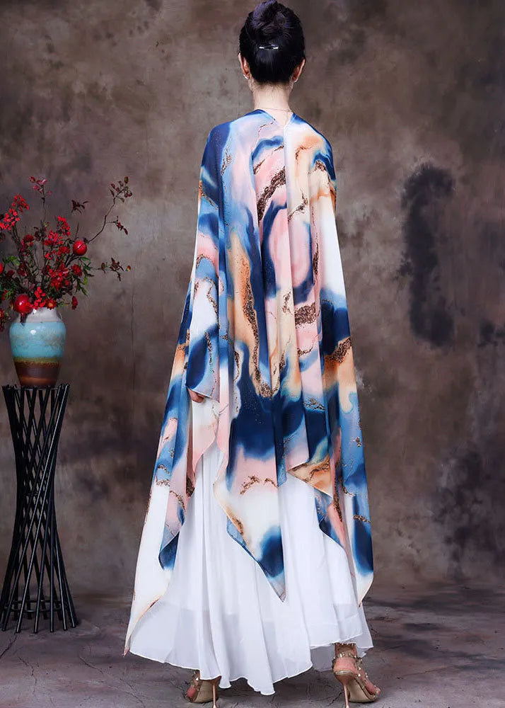 White Asymmetrical Design Tie Dye Chiffon Upf 50+ Top Batwing Sleeve