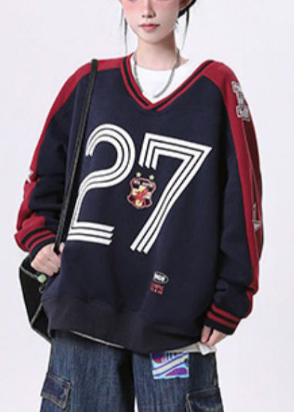 Diy Navy Zip Up Patchwork Cotton Pullover Spring