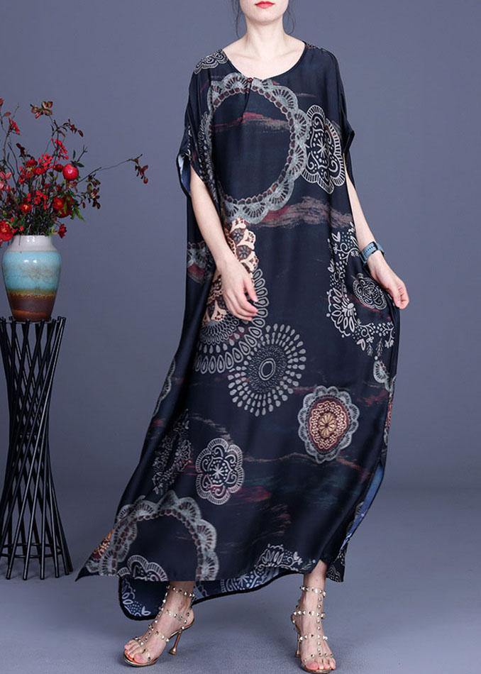 Black Print Side Open Silk Summer Ankle Dress