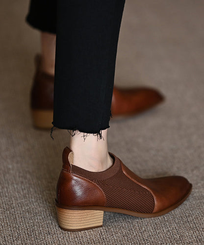 Cowhide Leather Splicing Brown Penny Chunky Loafers Pointed Toe