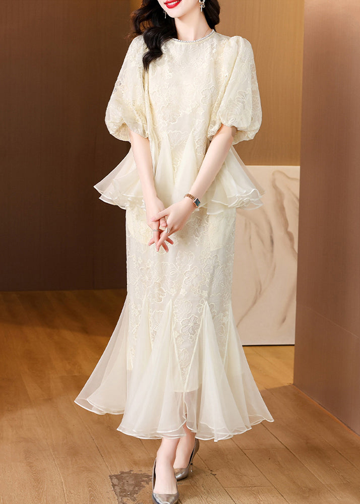 Beige Embroidered Tops and Fishtail Skirt Silk Two Pieces Set Summer