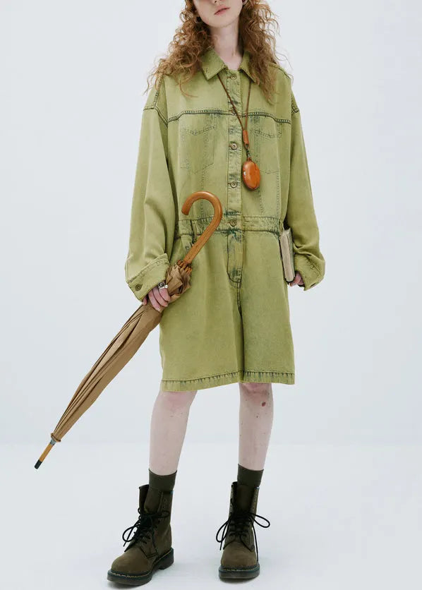 Yellow Green Peter Pan Collar Denim Jumpsuit Long Sleeve