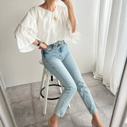 French White Oversized Cotton Shirt Top Lantern Sleeve
