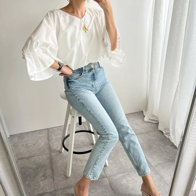 French White Oversized Cotton Shirt Top Lantern Sleeve