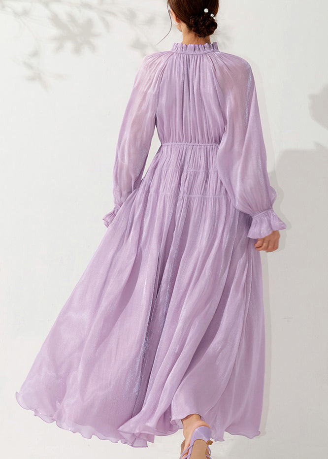 Light Purple Ruffled Lace Up Silk Long Dress Fall