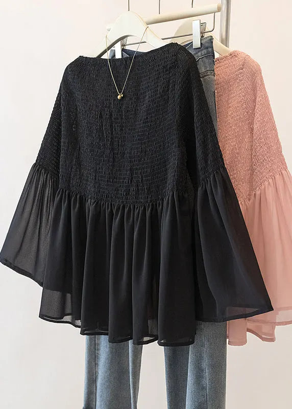 Pink Wrinkled Chiffon Blouse Tops Flare Sleeve Fall
