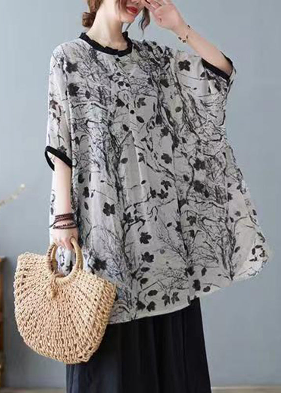 Grey Print Ruffled Patchwork Tops Short Sleeve