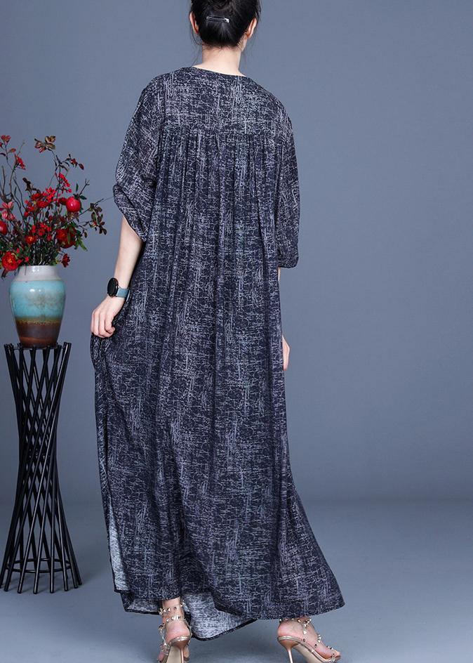 Art Black Print Asymmetrical Design Side Open Holiday Summer Spring Linen Dress
