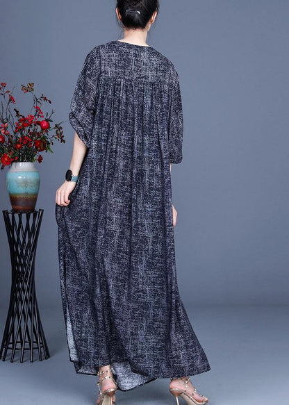 Art Black Print Asymmetrical Design Side Open Holiday Summer Spring Linen Dress