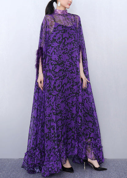 Stylish Purple Turtleneck Print Tulle Patchwork Party Maxi Dress Half Sleeve Fall