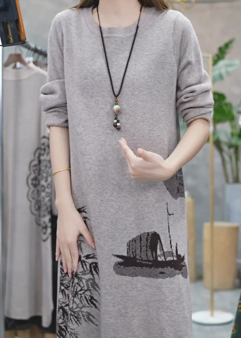 Grey O Neck Print Knit Sweater Dress Winter