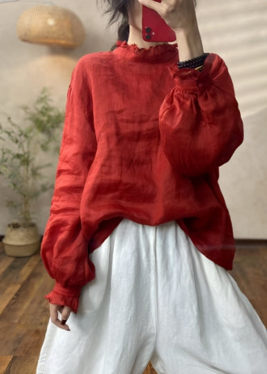 Red Ruffled Linen Blouses Lantern Sleeve