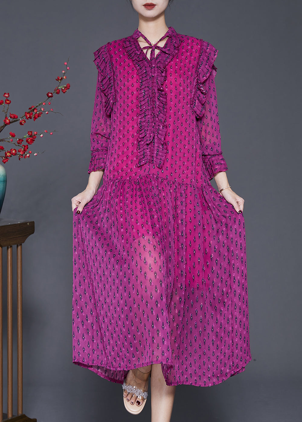 Pitaya Print Ruffled Chiffon Dress Spring