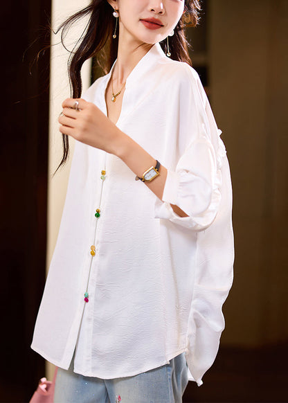 Loose White Ruffled Button Blouses Bracelet Sleeve