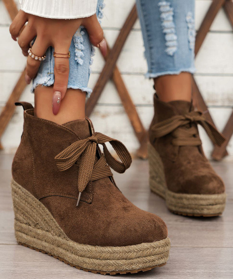 Brown Boots Lace Up Suede Straw Woven Wedge Heels Boots