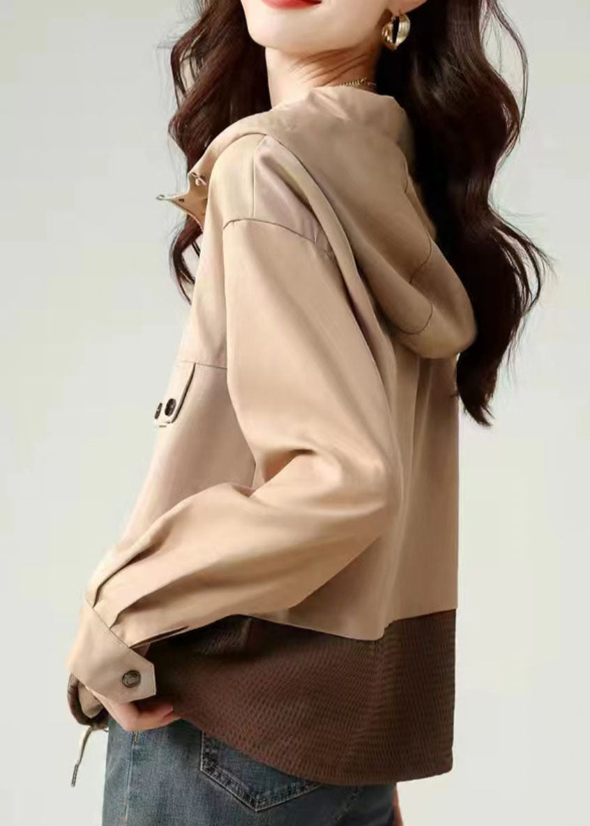 Light Khaki Zip Up Patchwork Cotton Hooded Jacket Fall