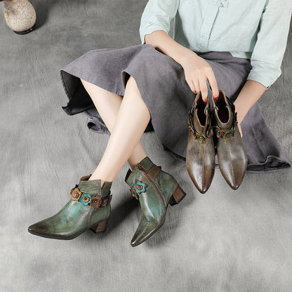 Art Green Zippered Splicing Chunky Boots Pointed Toe