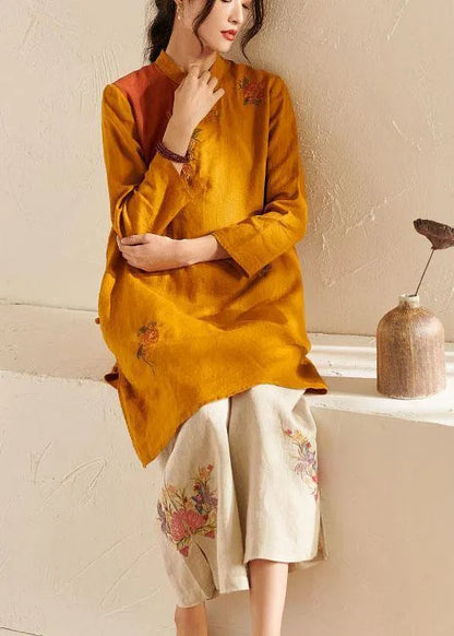 French Yellow Oriental Side Open Summer Linen Top