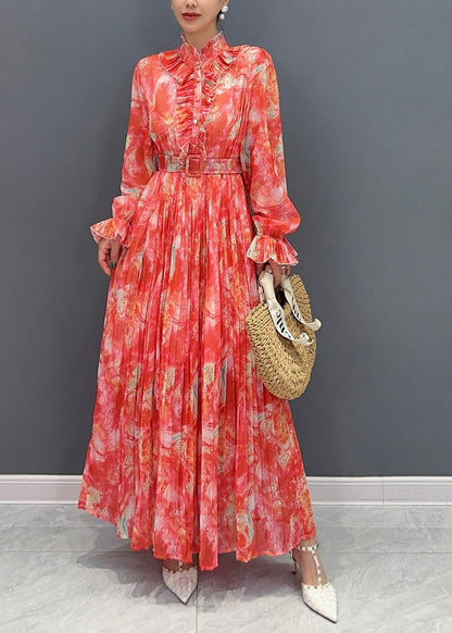 Red Stand Collar Print Sashes Chiffon Long Dress Long Sleeve Fall