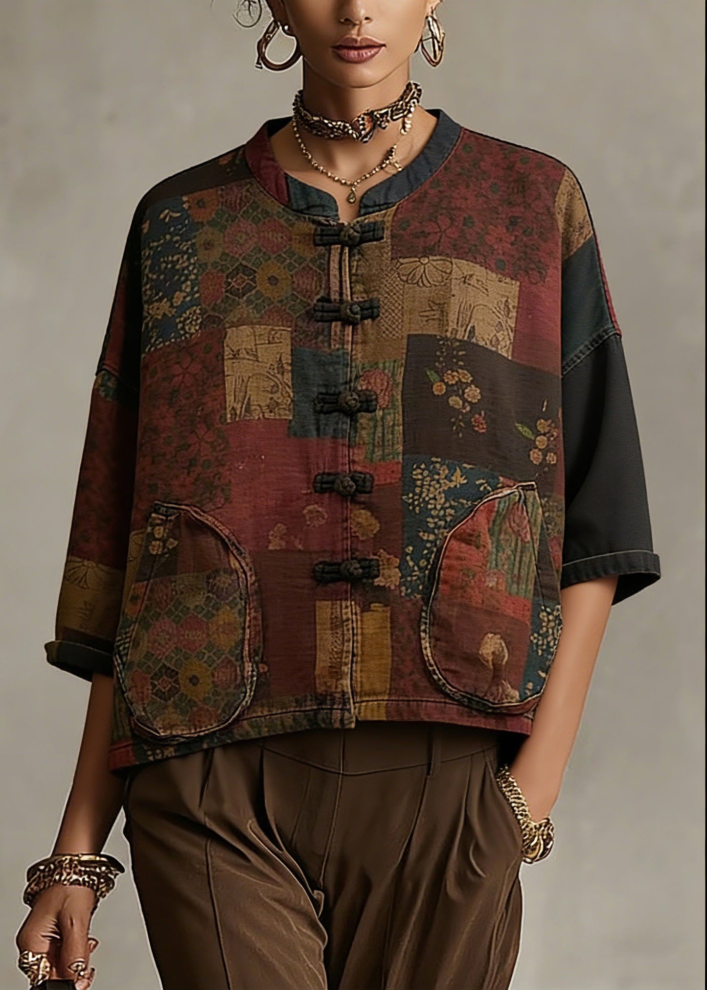 Print Button Patchwork Cotton Coat Long Sleeve