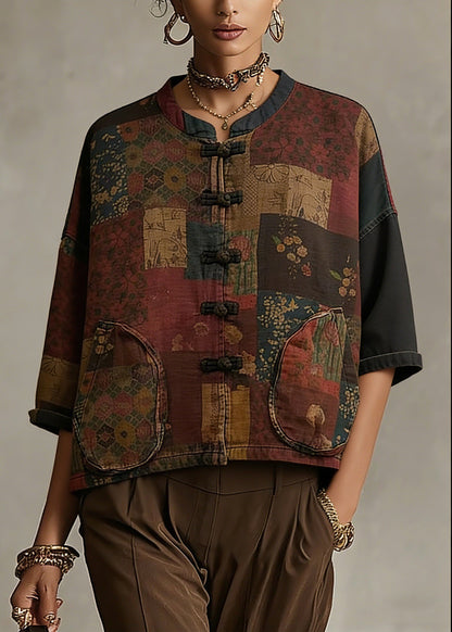 Print Button Patchwork Cotton Coat Long Sleeve