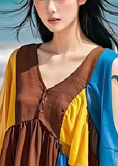 Coffee Cold Shoulder Patchwork Linen Dresses Summer
