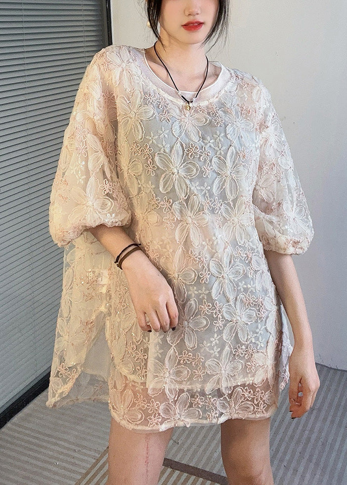 Apricot O-neck Side Open Lace Shirt Half Sleeve