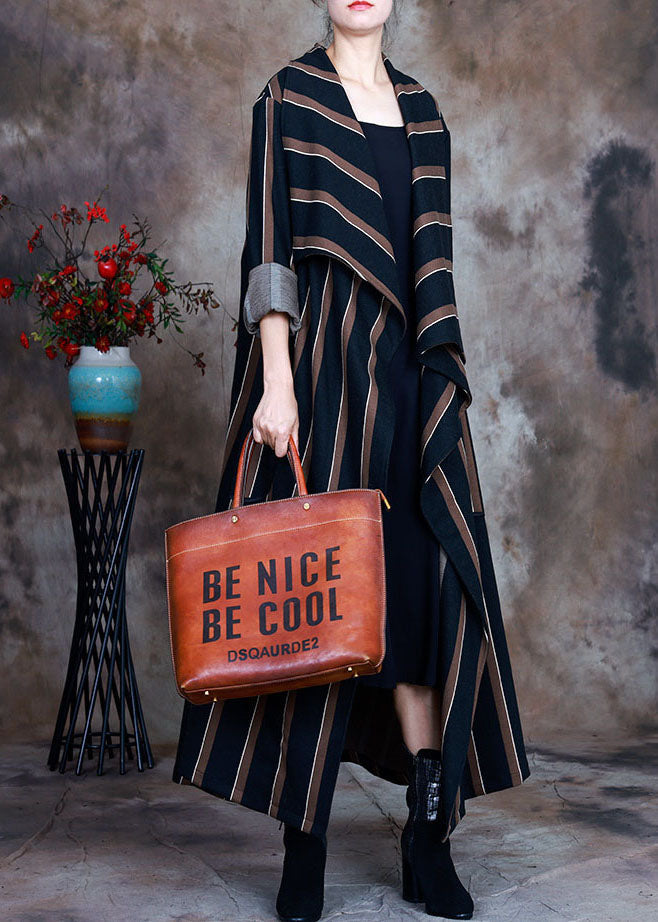 Chocolate Striped Woolen Trench Coats Pockets Spring