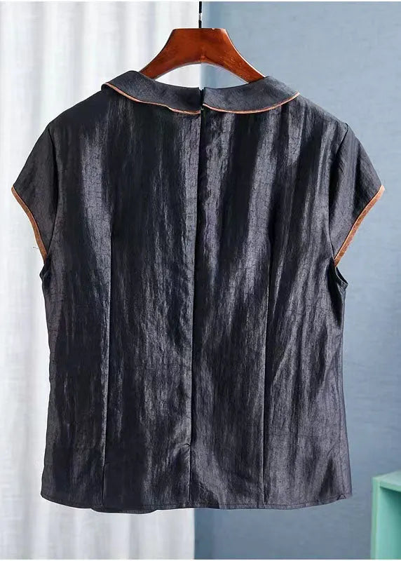 Black Peter Pan Collar Embroideried Silk Tops Summer