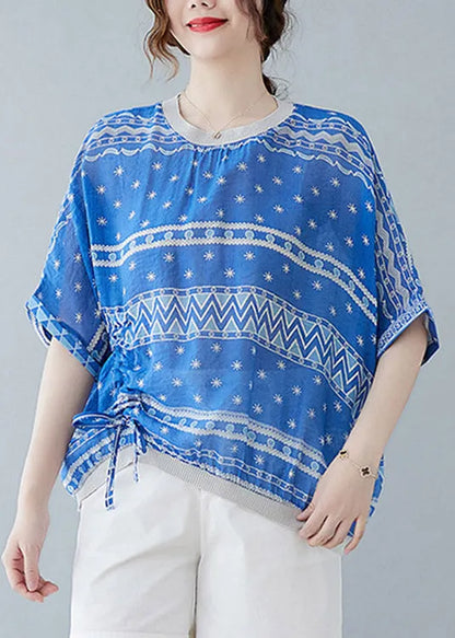 Blue Tie Waist T Shirts Short Sleeve