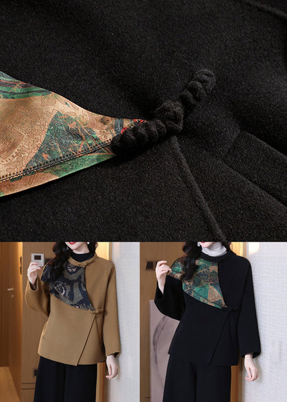 Black O Neck Pockets Wool Coats Spring