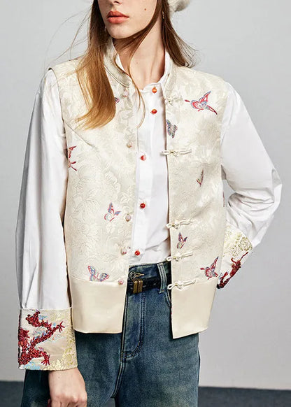 Boutique White Embroidered Nail Bead Cotton Blouses Fall