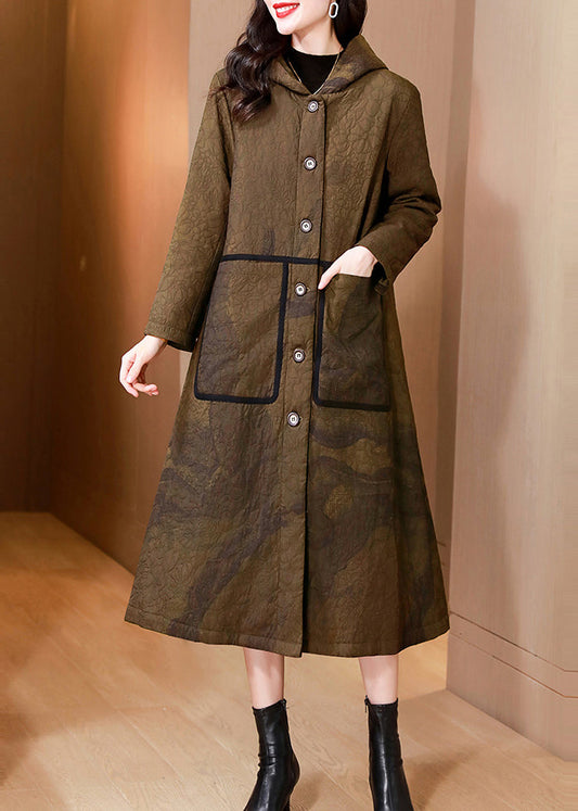 Modern Yellow Hooded Pockets Fine Cotton Filled Coat Winter