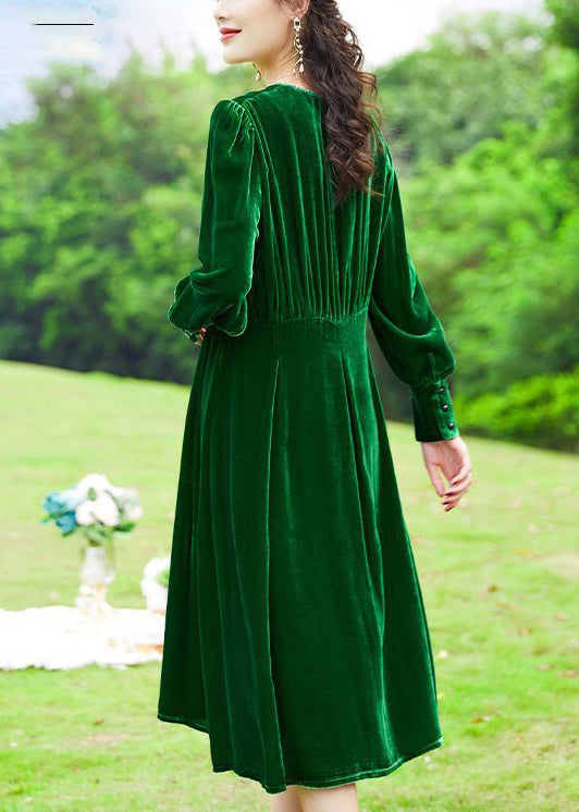 Green V Neck Patchwork Silk Velour Holiday Dress Spring