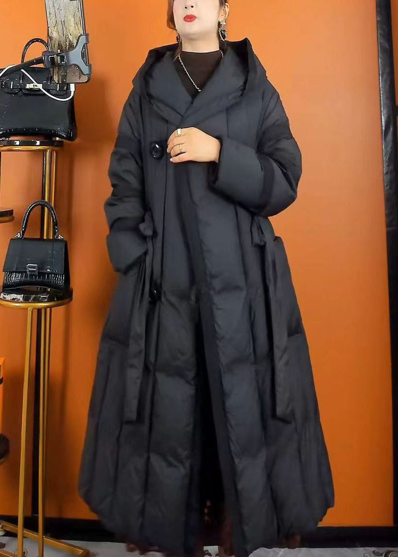 Black Hooded Oversized Pockets Duck Down Puffers Jackets Winter