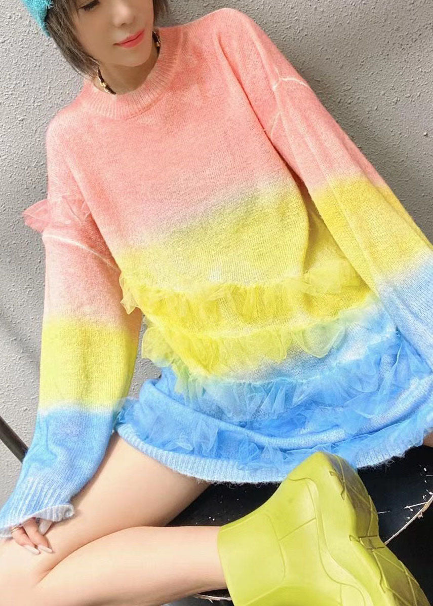Rainbow O-neck Ruffles Knit Fall Loose Long Sweater