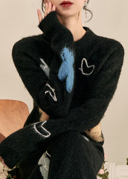 Simple Black Stand Collar Print Butterfly Cozy Cotton Knit Sweater Tops Fall